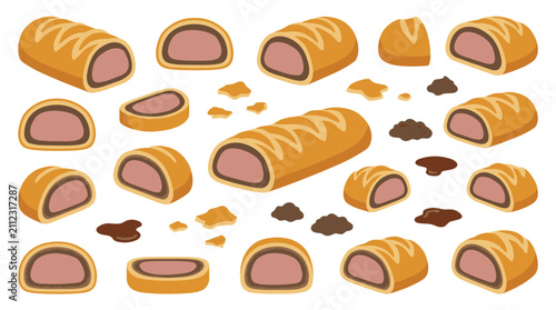 Set of fresh sausage rolls and pastry slices, delicious baked snacks, savory food elements for menu design and culinary illustrations