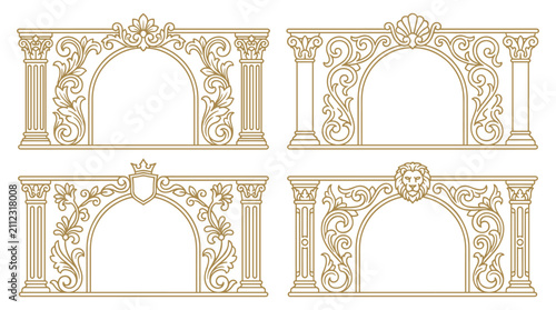 Set of four victorian baroque arch frames with ornate floral flourishes and classic columns, elegant gold border elements for luxury invitations