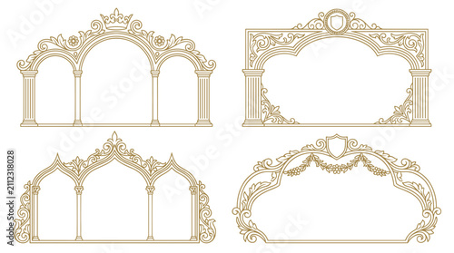 Set of four victorian baroque frames with ornate floral flourishes and classic architectural arch elements, elegant border templates for luxury
