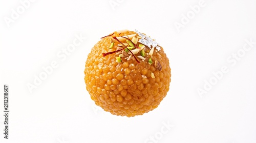 A single delicious Motichoor Laddu, a traditional Indian sweet, garnished with slivered almonds, pistachios, and edible silver leaf, isolated on a clean and bright white studio background surface.