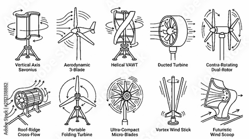 A collection of various wind turbine designs and renewable energy technology concepts.