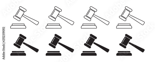 Obraz na płótnie Set of eight black and white outline and solid judge gavel icons for legal and justice concepts