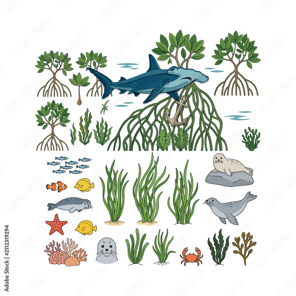 Obraz premium Hand drawn set of various marine life and sea animals with mangrove trees and underwater aquatic plants in a vibrant flat vector illustration style