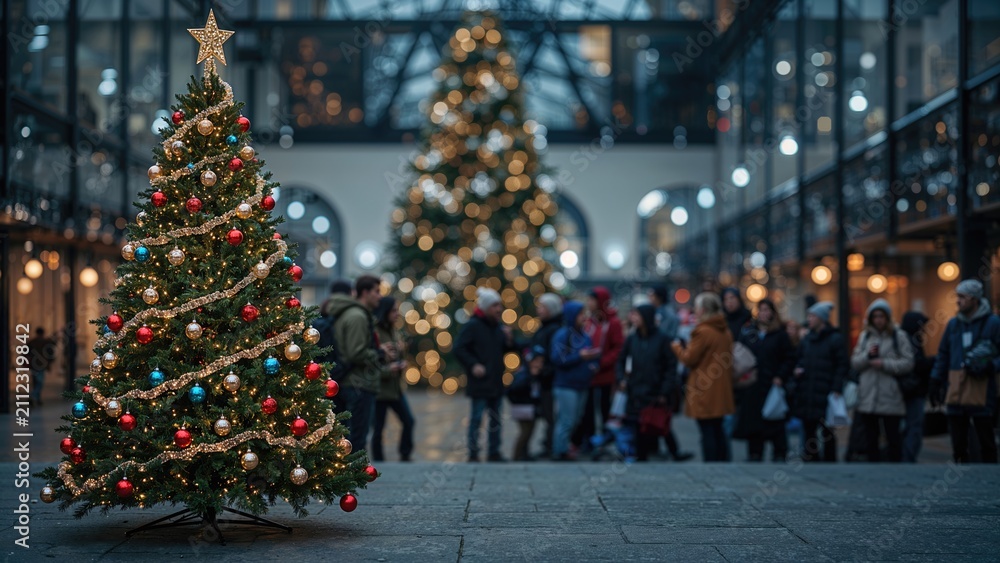 Obraz premium Christmas tree in a shopping mall with people shopping and enjoying the holiday season. Festive decorations and lights create a joyful atmosphere.