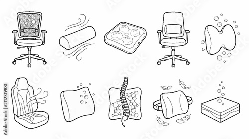 A collection of hand drawn line art icons representing ergonomic furniture and orthopedic support accessories.