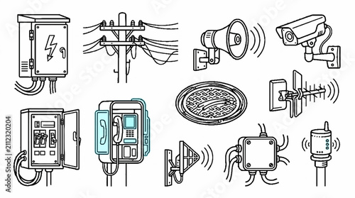 Collection of hand drawn urban infrastructure and communication technology icons.