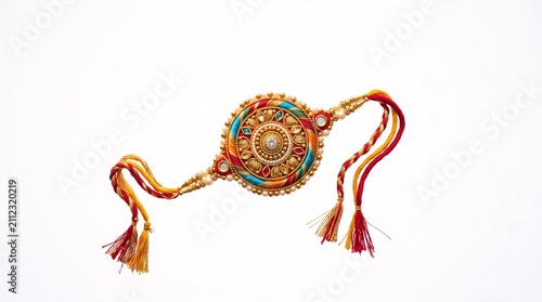 Beautiful traditional Indian rakhi wristband with colorful silk threads and golden embellishments isolated on a clean white background, perfect for the celebration of Raksha Bandhan festival.