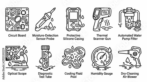 A collection of ten linear icons representing various industrial and scientific diagnostic tools and equipment.