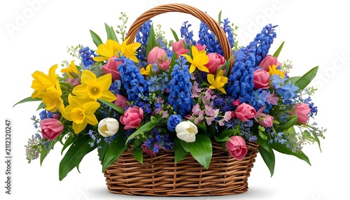 Beautiful wicker basket filled with colorful spring flowers including yellow daffodils, pink tulips, and blue hyacinths on a white background
