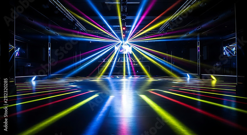 Dynamic vibrant laser light show illuminating empty dark modern nightclub dance floor interior perspective