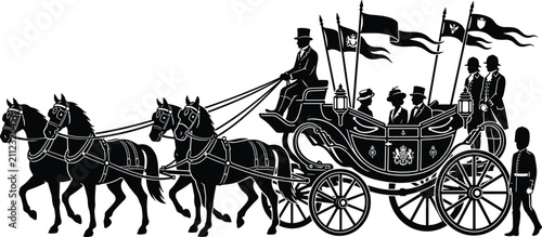 Obraz na płótnie Royal Horse Drawn Carriage Vector Silhouette With Driver Passengers Flags Isolat