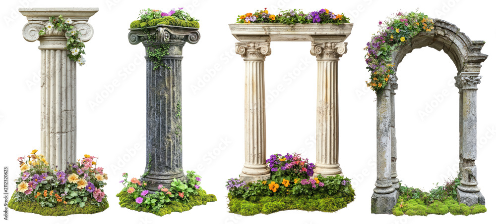 Obraz premium PNG Ancient columns adorned with flowers on transparent background