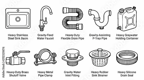 A collection of plumbing and sink installation hardware components illustrated in line art style.