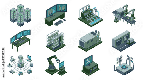 Isometric Industrial Technology Factory Equipment Set.
