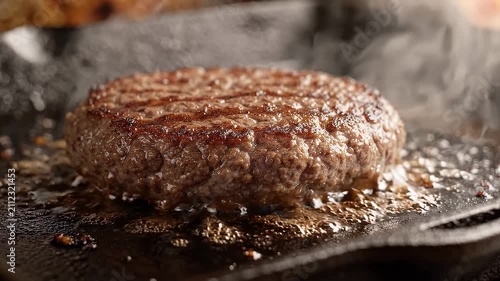A Sizzling Fresh Ground Beef Patty Cooking on a Hot Cast Iron Skillet for a Delicious Homemade Burger Preparation Experience