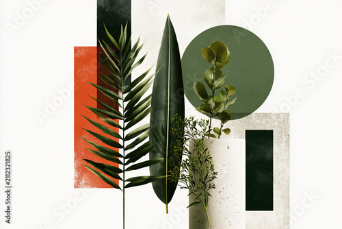 Minimal Botanical Composition With Tropical Leaves, Eucalyptus Sprig and Geometric Shapes. collage art