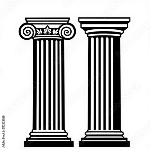 Classical Greek columns illustration. Minimalist architectural pillars in black and white.