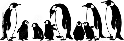 Foto Group of emperor penguin silhouettes with chicks, arctic family wildlife vector illustration, black white nature design for animal lovers