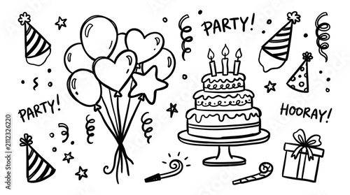 Doodle birthday party elements scattered on white Party items celebrating in doodle illustration style