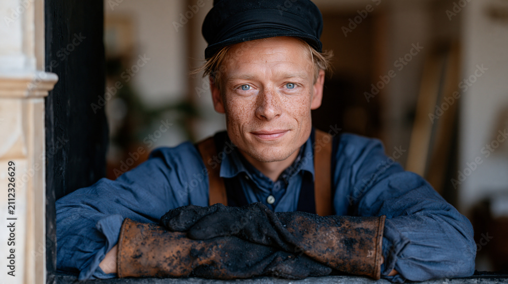 Obraz premium Chimney sweep emerging from a narrow Victorian fireplace in a modest terraced house living room, soot coating their forearms in a candid unposed moment, electronics assembly