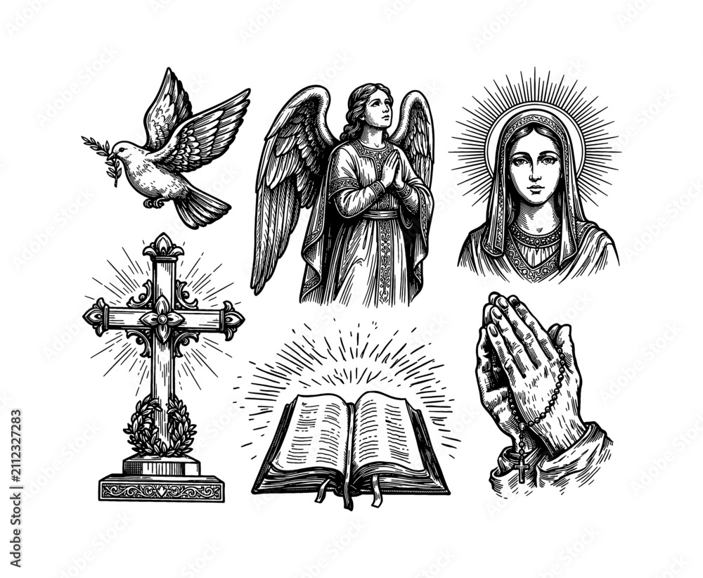 Obraz premium Engraving set of Christian religious symbols including angel Virgin Mary cross Bible praying hands dove