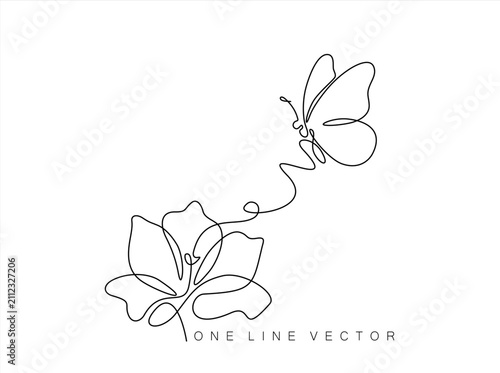 Continuous one line drawing of Butterfly and Flower Single line drawn on white. Hand drawn one line vector. Editable stroke.