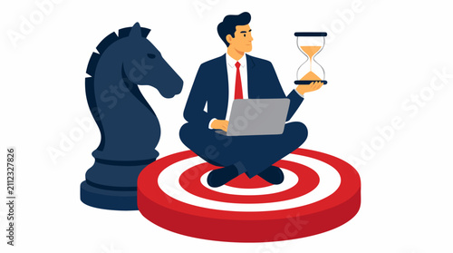 Strategic businessman multitasking on bullseye target with chess knight and hourglass, symbolizing time management, business strategy, and competitive advantage in modern corporate environment