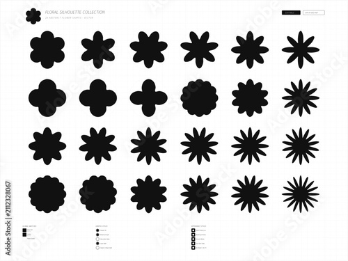 black flower silhouette shape collection. rounded petal blooms and spiky starburst forms. simple daisy and floral outlines. abstract flower element grid
