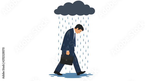A dejected businessman in a soaked suit walks forward under a dark cloud with rain pouring only on him, symbolizing bad luck, failure, or a difficult time in his career and professional life journey.