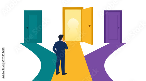 Businessman contemplating career choices at a junction with three doors, selecting the bright open yellow path symbolizing success and opportunity over closed options in a modern flat vector