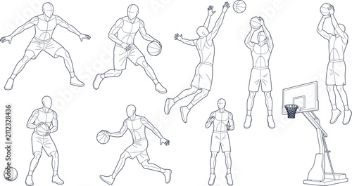 Basketball player poses line art sketches vector illustration set for design and animation