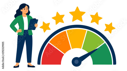 Confident professional woman with clipboard beside colorful performance gauge meter and golden star ratings, business success and quality assessment concept