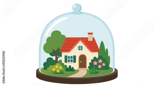 A charming miniature cottage house with a red roof sheltered under a clear glass dome on a wooden base, surrounded by green trees and colorful flowers, isolated on white background, vector