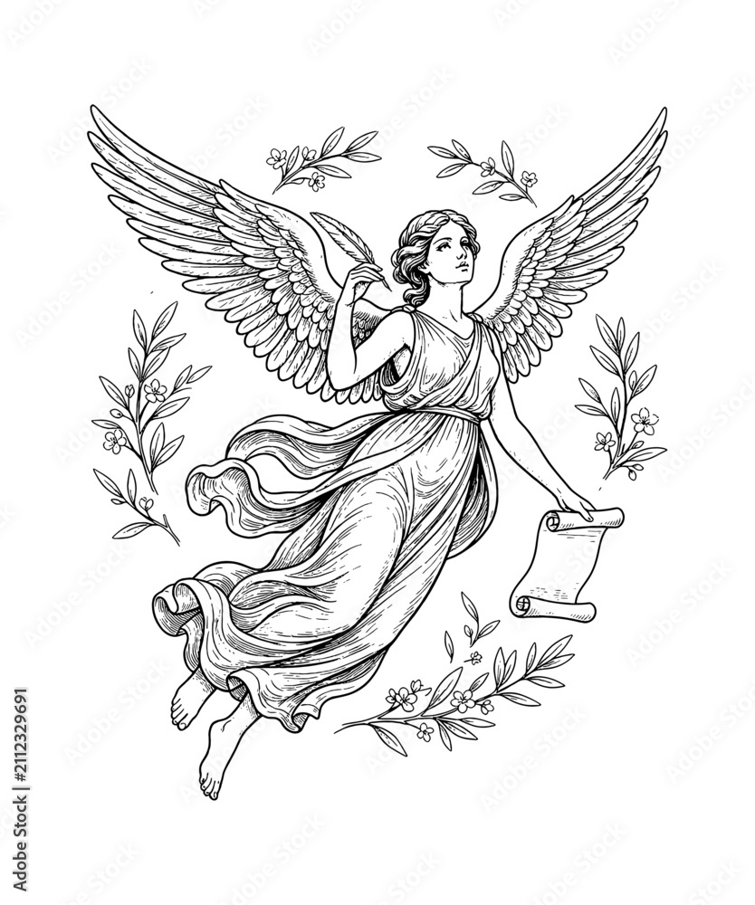 Obraz premium Winged woman goddess figure flying holding a quill and scroll with a serene expression in flowing gown