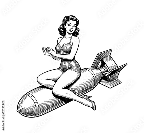 Smiling Caucasian Pinup Woman Posing Confidently Sitting on a Large Bomb in Vintage Black and White Line Art