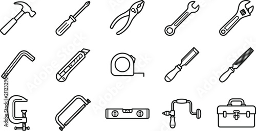 Cuadro en lienzo Set of various hand tools for construction and home repair depicted as simple bl