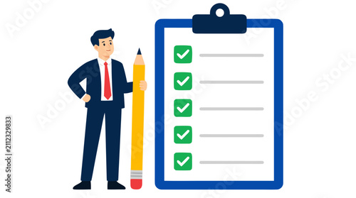 Professional businessman standing next to a giant clipboard with all checklist items successfully ticked off, flat vector illustration representing task completion, project management, and success