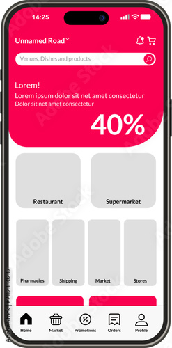 food delivery app interface, restaurant order screen with a pink interface, modern e-commerce template for smartphones