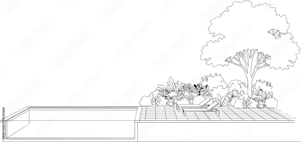 Fototapeta premium Modern swimming pool and backyard garden landscape design line art vector illustration