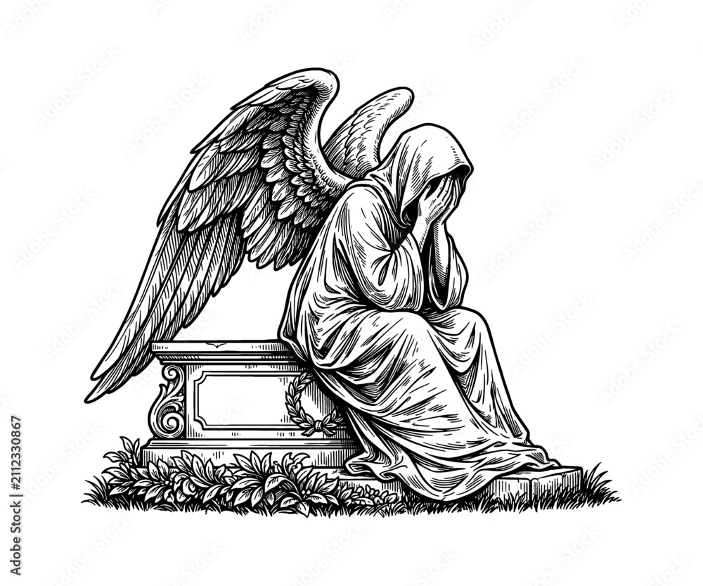 Obraz premium Grieving Hooded Angel Statue Crying and Covering Face Sitting on a Grave in Detailed Line Art Engrave Style