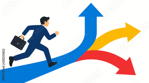 Ambitious businessman sprinting toward diverging career paths with upward, rightward, and downward arrows representing strategic business decisions and multiple growth opportunities