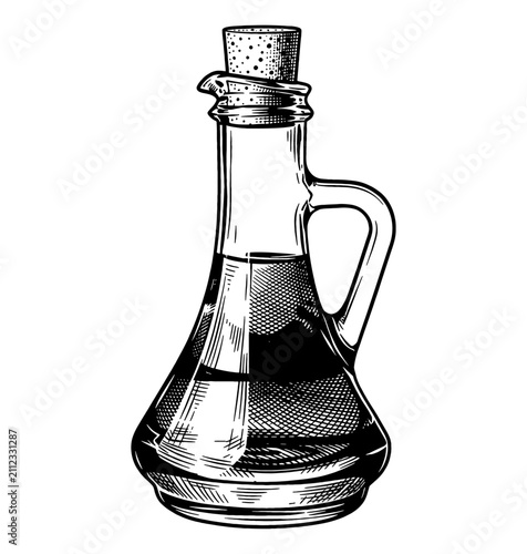 Elegant vintage style glass bottle with a cork stopper holding liquid in detailed engraving illustration
