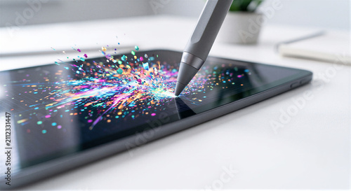 Stylus Pen Touching Tablet with Digital Color Particle Burst | Creative Design and Digital Art Concept
