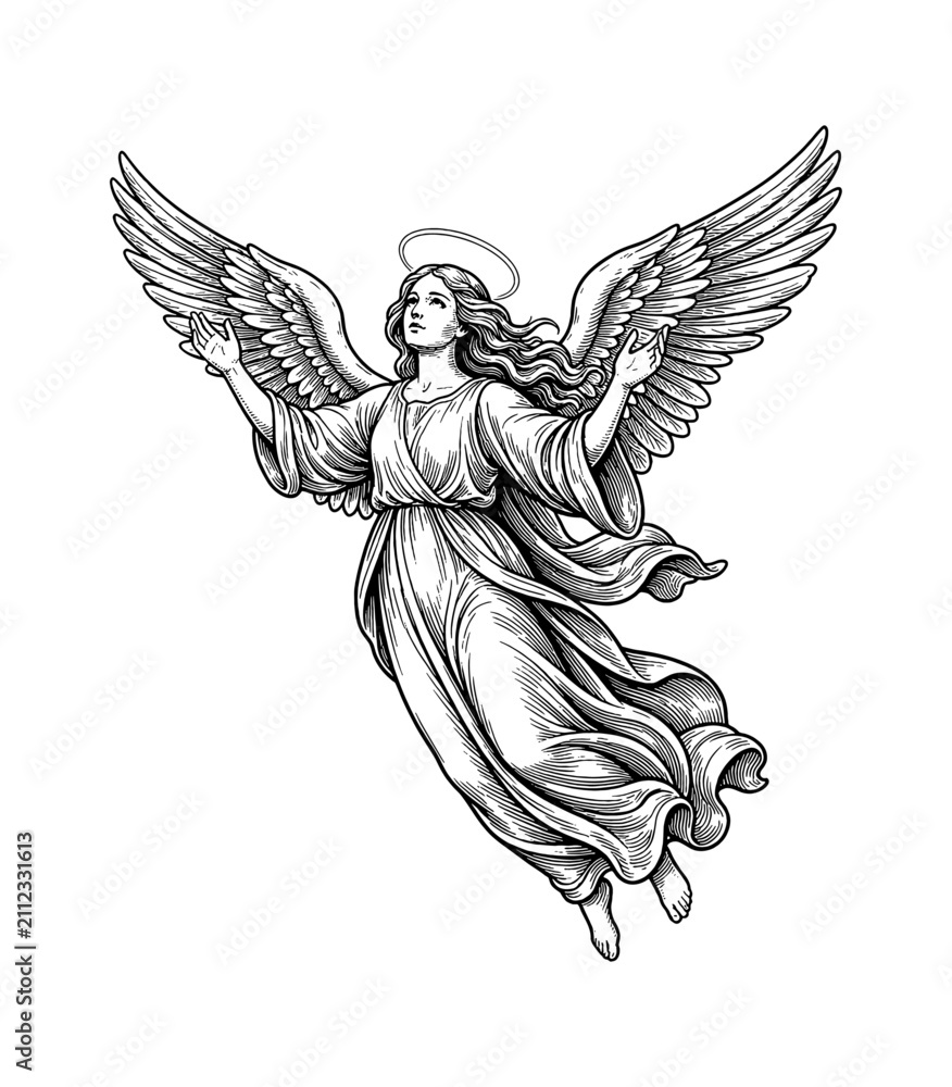 Obraz premium Beautiful Angelic Woman Flying Upwards with Outstretched Arms and Serene Expression in Detailed Vintage Engraving Style