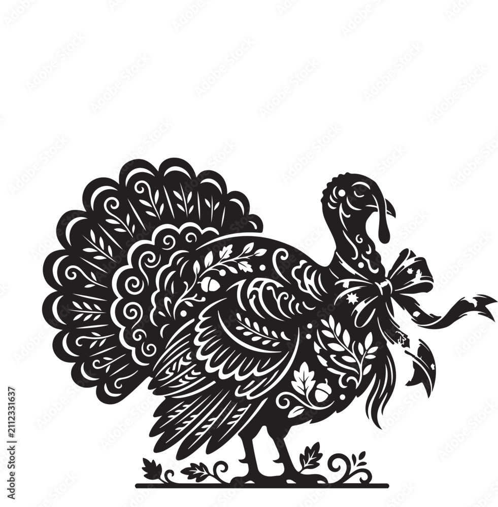 Fototapeta premium Silhouette of a turkey with a decorative ribbon around its neck