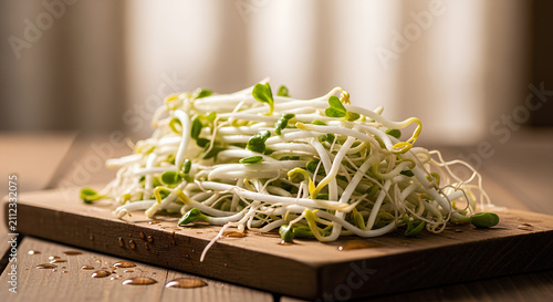 Fresh organic mung bean sprouts on a rustic wooden board