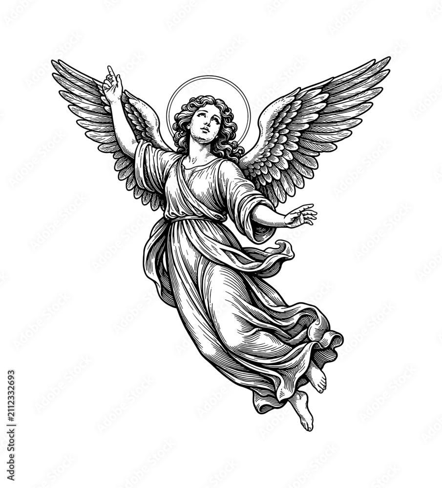 Obraz premium A serene angelic woman floating upwards with large wings a halo and flowing robe pointing to the sky