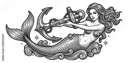 Alluring Mermaid Holding Vintage Anchor with Wavy Hair and Serene Expression Fantasy Ocean Pinup Engraving