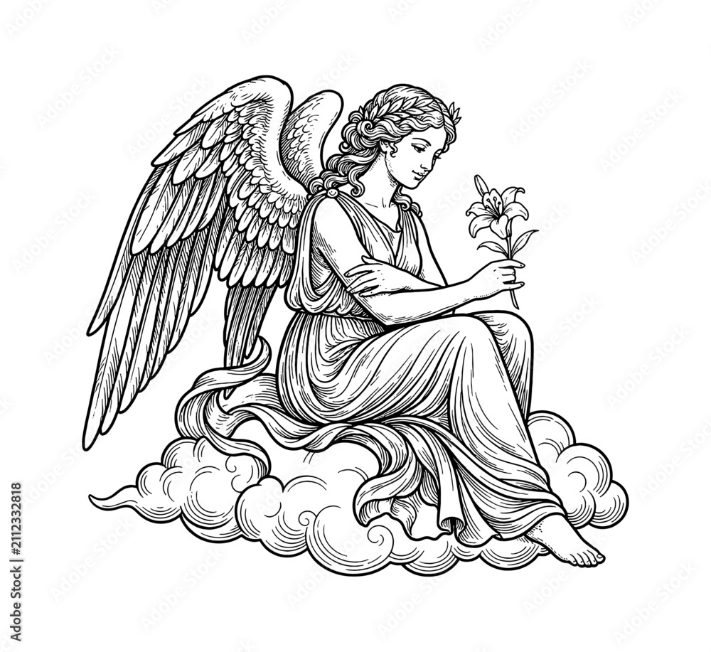 Obraz premium Beautiful Angelic Woman Sitting on Clouds Holding a White Lily with a Serene Contemplative Gaze in Elegant Classical Line Art Style