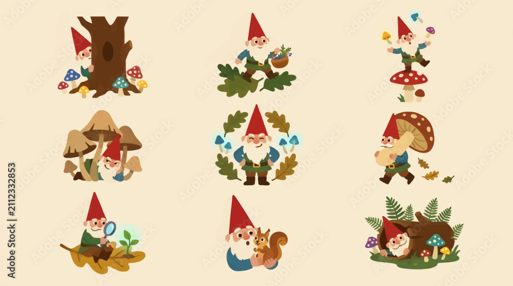 Fototapeta premium Mischievous Gnome Forest Dweller Vector Icon Sheet with Various Poses and Interactions with Mushrooms, Tree Trunk, Squirrel, and Plants, Flat Illustration Style